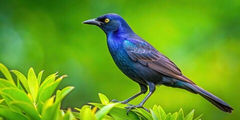 Obraz premium Carib grackle perched on a lush green background, Carib grackle, Greater Antillean blackbird