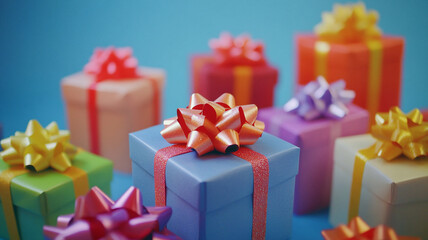 Obraz premium Colorful gift boxes with vibrant bows arranged on a blue background for a festive occasion