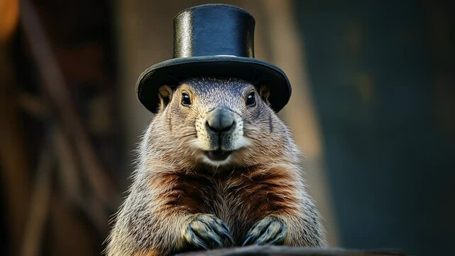Charming marmot in an outdoor hat predicts the weather