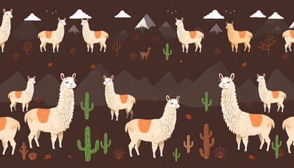 Endless llamas alpacas background. Seamless pattern with llamas, cactuses and decorative mountains isolated with white highlights, png