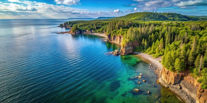 Aerial view of Lake Superior's pristine waters and rugged coastline near Duluth, MN , Lake Superior, aerial view, water