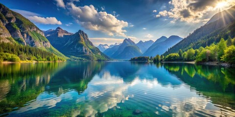 Fototapeta premium Scenic water and mountain landscape, scenic, water, mountains, nature, tranquil, picturesque, outdoors, peaceful