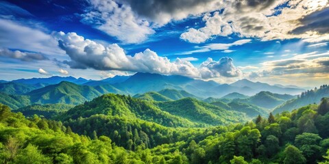Naklejka premium Mountain landscape with lush green trees, fluffy white clouds, and clear blue sky in the background, mountain, trees