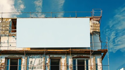 A large, blank billboard is mounted on the side of a building under construction