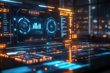 Fototapeta premium AI governance system, holographic compliance dashboard, futuristic office, glowing data analytics