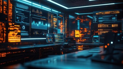 Fototapeta premium Cyber risk analysis dashboard, glowing data streams, futuristic office, AI-driven technology