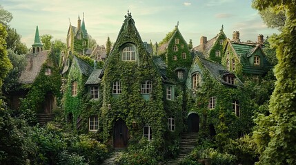 Fototapeta premium Enchanted Village: A Whimsical Cottage Cluster Covered in Vines