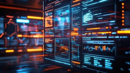 Cyber risk analysis dashboard, glowing data streams, futuristic office, AI-driven technology