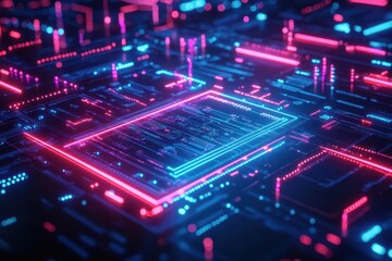 Fototapeta premium Data governance visualization, holographic interfaces, neon circuit board patterns, advanced AI processing