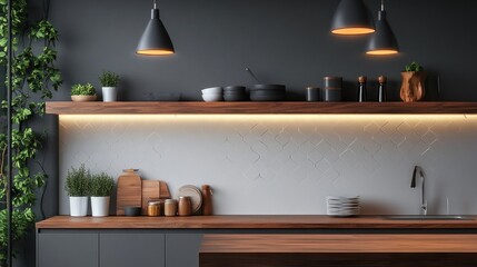 Kitchen wall decoration featuring open shelving, modern backsplash, and stylish lighting
