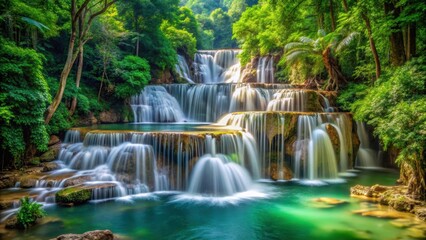 Obraz premium Beautiful Huay Mae Kamin waterfall surrounded by lush greenery and rocks, Thailand, national park, landscape, scenic, nature