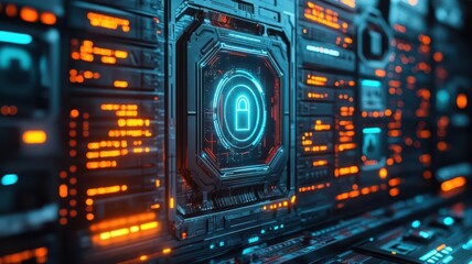 Obraz premium Copyright data encryption, virtual holographic locks, glowing security panels, futuristic tech setup