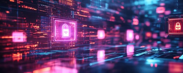 Fototapeta premium Virtual copyright enforcement, floating holographic locks, glowing digital data, futuristic security environment