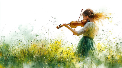 Green watercolor painting of a woman is playing violin on the meadow