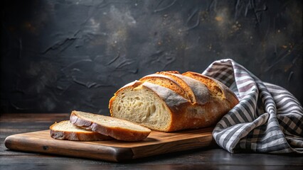 A freshly baked loaf of bread, sliced and arranged on a wooden board, with a checkered cloth nearby, awaiting its purpose, ready to be transformed into a delicious meal.