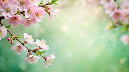 Fototapeta premium Delicate Pink Blossoms on a Branch Against a Soft Green Blurred Background