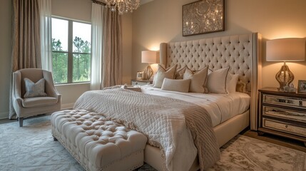 Luxury bedroom with elegant furnishings, soft lighting, and neutral tones for a serene atmosphere