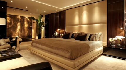 Luxury interior design for a bedroom with sleek, contemporary decor and elegant lighting
