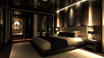 Luxury interior design for a bedroom with sleek, contemporary decor and elegant lighting