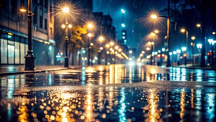 Obraz premium A Wet Pavement Reflecting Urban Lights Under a Drizzling Sky