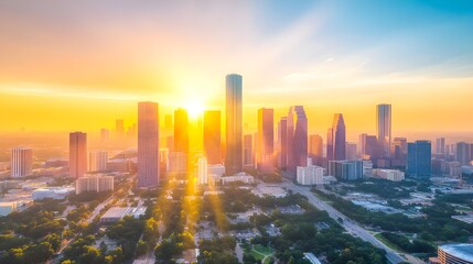 Fototapeta premium Morning light bathes the retro-style skyline, while vibrant street art enlivens the concrete jungle, adding a pop of color to the towering skyscrapers