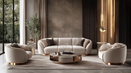 Luxury interior design for a living room with elegant furniture, stylish lighting, and a neutral color palette