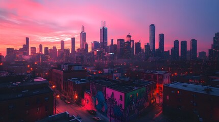 Skyscrapers reach for the sky in soft morning light, while vibrant street art at their base brings the city to life in a stunning display of color and creativity