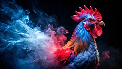 Fototapeta premium A vibrant rooster with a striking blue, red, and orange plumage, shrouded in a swirling cloud of colorful smoke against a dark backdrop.