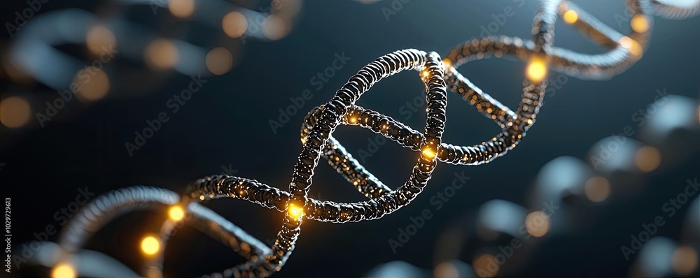 Poster Detailed DNA strand model with glowing elements on a dark background.