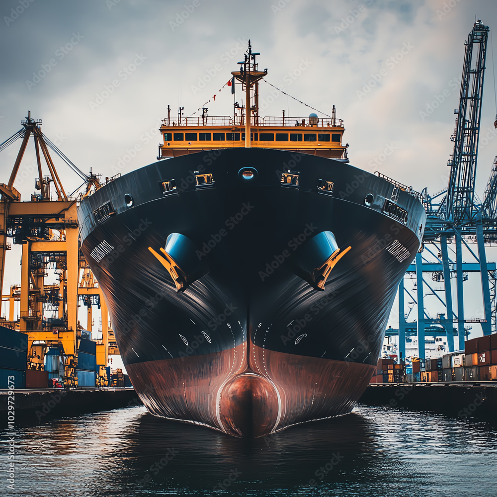 Poster cargo ship at the port during loading process