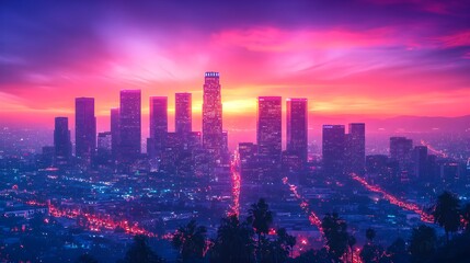 Fototapeta premium Retro cityscape at dusk, towering skyscrapers glimmer under the twilight sky, streets alive with glowing neon graffiti, blending 80s nostalgia with vibrant colors