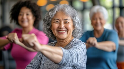 Senior Asian woman leading exercise class, concept of active aging and fitness