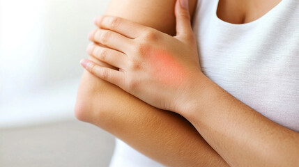 woman's hand scratching her arm, depicting discomfort or irritation. Symbolizes stress, anxiety, skin conditions, or emotional unease, emphasizing the need for relief and self-care