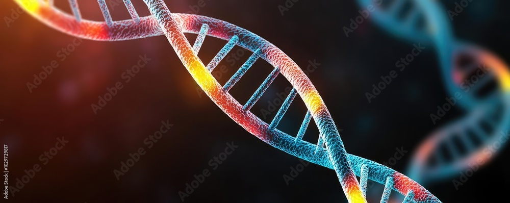 Poster colorful dna double helix structure on a dark background.