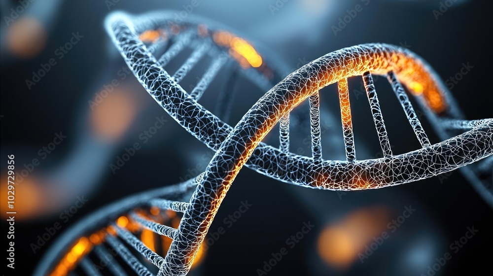 Poster close-up of a dna strand illuminated with a glowing effect.