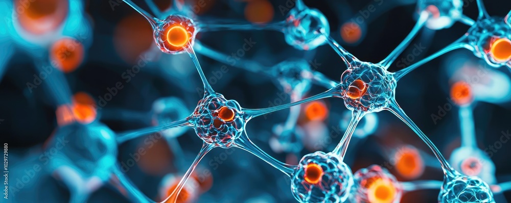Poster close-up view of colorful molecular structures with glowing elements.