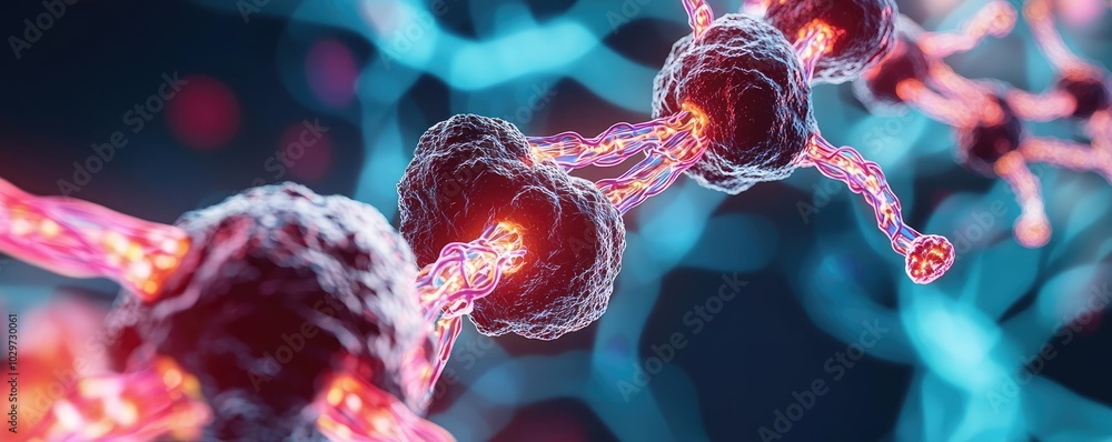 Poster close-up view of molecular structure with vibrant colors on a dark background.