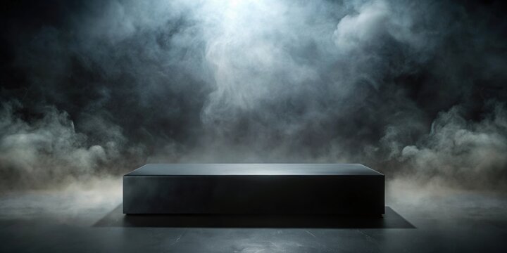 Empty black rectangular podium for product presentation with fog in background, black, podium, presentation, product