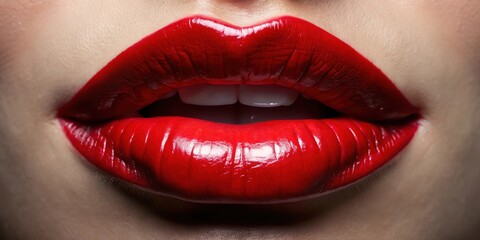 Obraz premium Sensual red lips with glossy finish, seductive, beauty, mouth, attractive, glamour, lipstick, pout, cosmetics, close-up