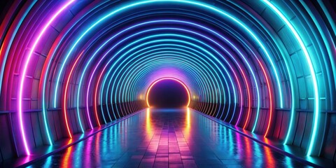 Neon glowing tunnel with vanishing point and colorful wave spiral curve , Neon, glowing, tunnel