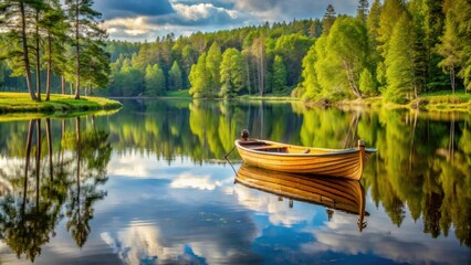Obraz premium Tranquil Swedish lakeside scene with a wooden boat reflecting in calm waters, surrounded by lush green forests, Sweden