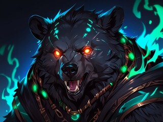 A fierce black bear with glowing eyes is depicted with its paws engulfed in colorful flames