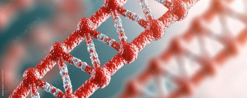Aufkleber Close-up of DNA structure with red and white elements on a blurred background