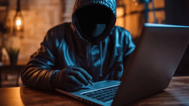 Masked online criminal using a laptop to commit financial fraud, causing disaster