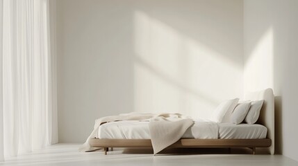 Minimalist bed on a white background, modern and sleek design, ideal for advertising