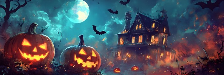 Jack-o-lanterns in front of haunted halloween house with bats and moon on the sky
