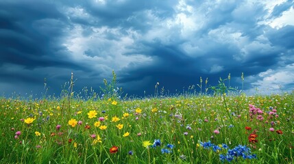 Serene Field of Wildflowers Under Stormy Sky
