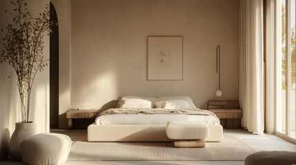 Minimalist bedroom decor with simple furniture, neutral colors, and soft lighting