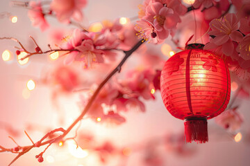 red lantern tied to a branch of a pink blossom tree. chinese new year background.