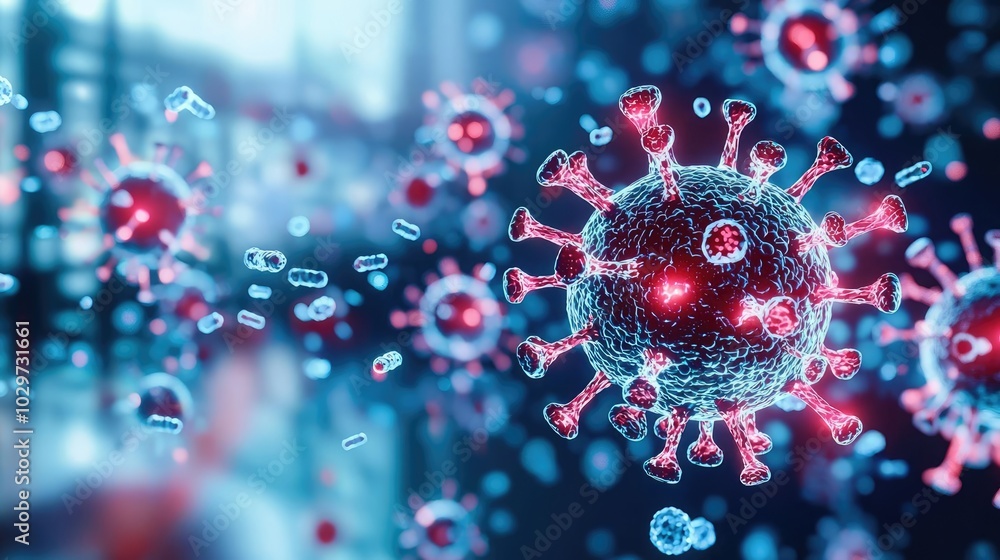Aufkleber Microscopic view of a virus with colorful elements, abstract and scientific representation.